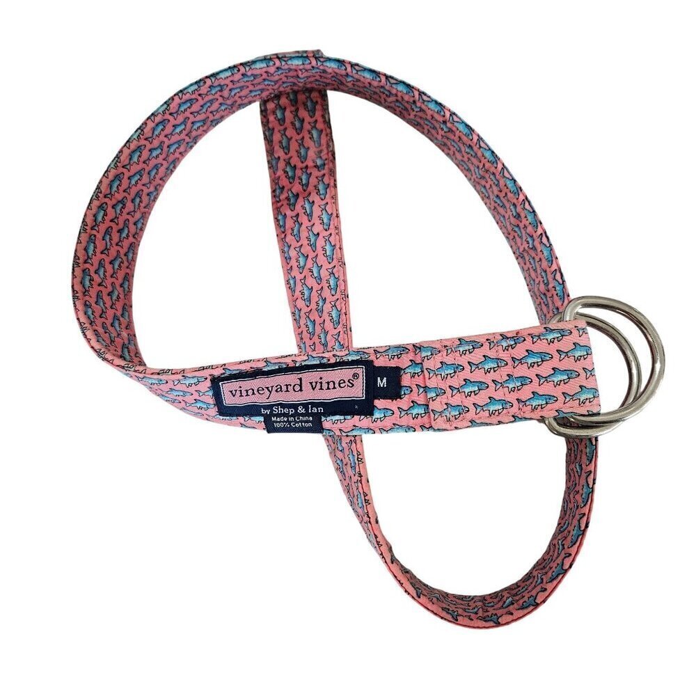 Vineyard Vines Pink Blue Shark Print Cotton Belt Size Medium‎ Silver Buckle
